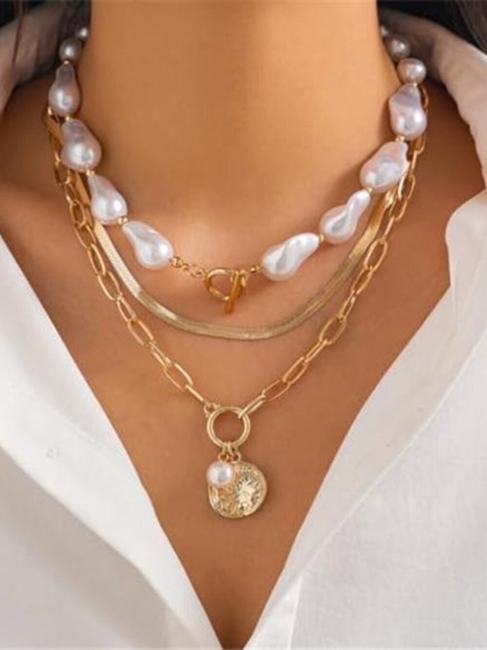 Stack Pearl Pendant Necklaces for Women Fashion Layered Baroque Pearls